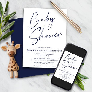 Invitación Moderna Navy Blue Simple Script Baby Shower
