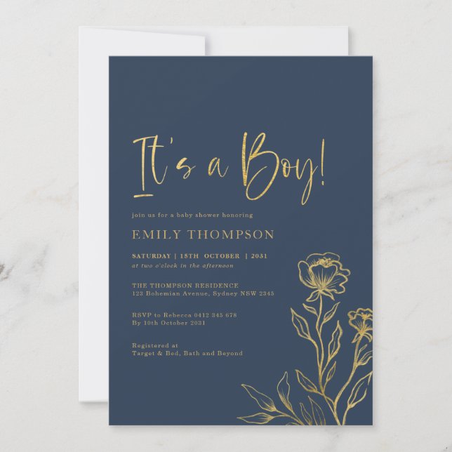 Invitación Moderna Navy Gold Botanical Boy Baby Shower (Anverso)