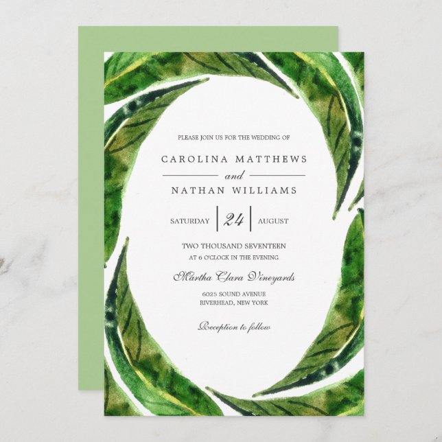 Invitación Moderna negrita Boda de hojas tropicales | Luz (Anverso / Reverso)