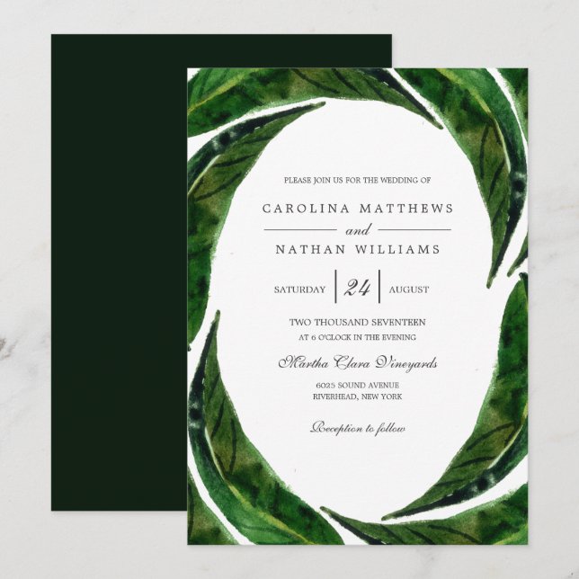 Invitación Moderna negrita Boda de hojas tropicales | Oscuro (Anverso / Reverso)