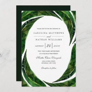 Invitación Moderna negrita Boda de hojas tropicales Oscuro