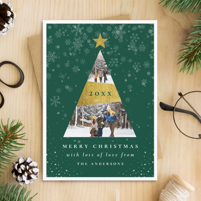 Invitación Moderna nieve y árbol de Navidad Relieve metalizad (Subido por el creador)