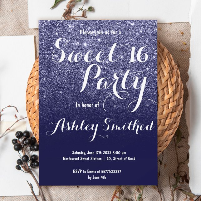 Invitación Moderna niña faux azul marino purpurina oscuro Swe (Subido por el creador)