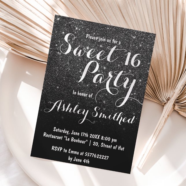 Invitación Moderna niña faux negro purpurina oscuro Sweet 16 (Subido por el creador)