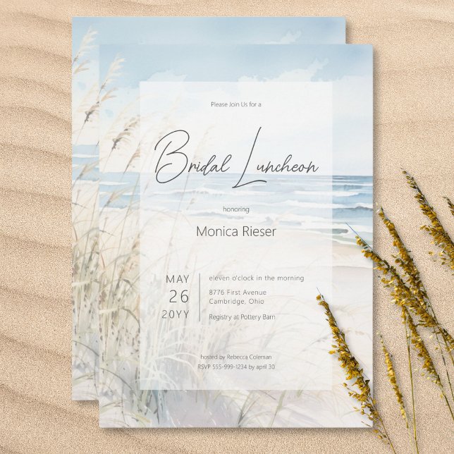 Invitación Moderna orilla de agua marina Beach Bridal Luncheo (Modern Seaside Watercolor Beach Bridal Luncheon Invitation)