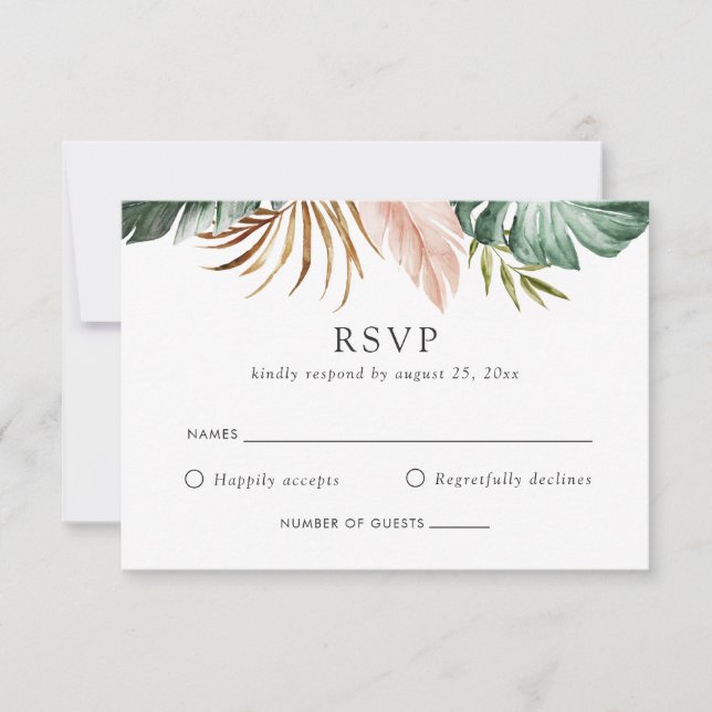 Invitación Moderna Palm Tropical Gold Greenery Floral RSVP (Anverso)
