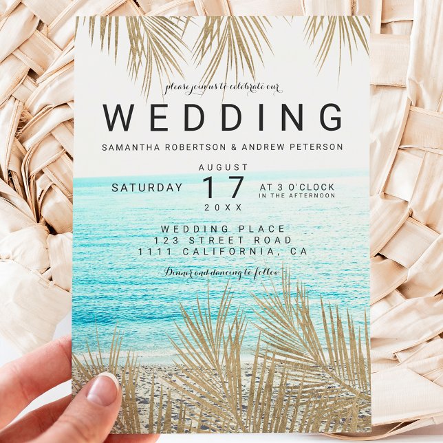 Invitación Moderna palmera dorada elegante boda de fotos de p (Subido por el creador)