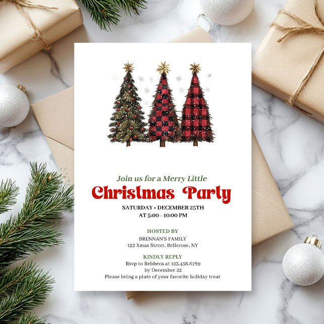 Invitación moderna para árbol de Navidad con búfal (Modern red black buffalo Christmas tree invitation)