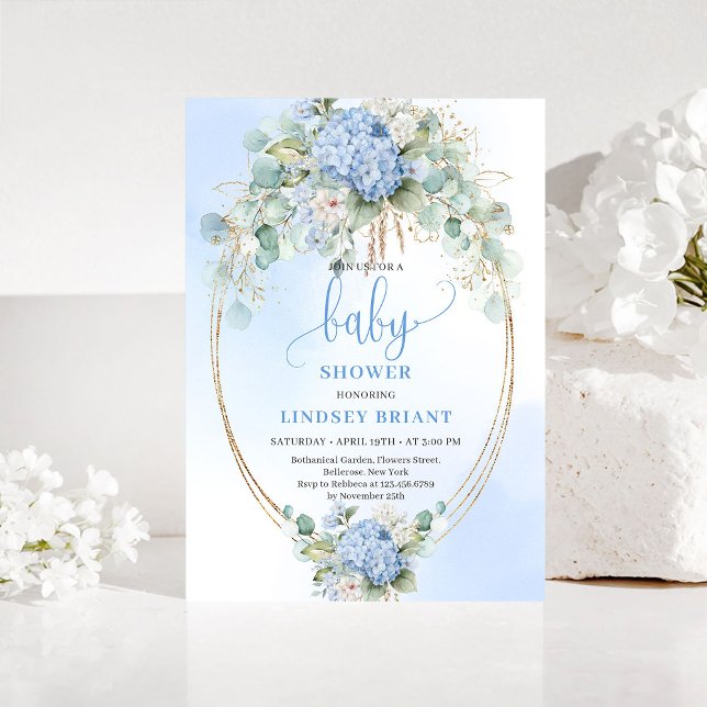 Invitación moderna para baby shower con hortensias (Modern Blue Hydrangea Baby Shower Invitation)