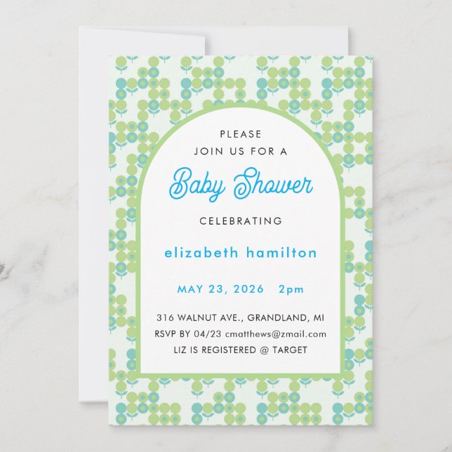 Invitación moderna para baby shower con puntos ver (Anverso)