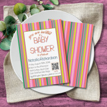 Invitación moderna para baby shower con rayas rosa