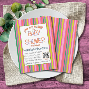 Invitación moderna para baby shower con rayas rosa
