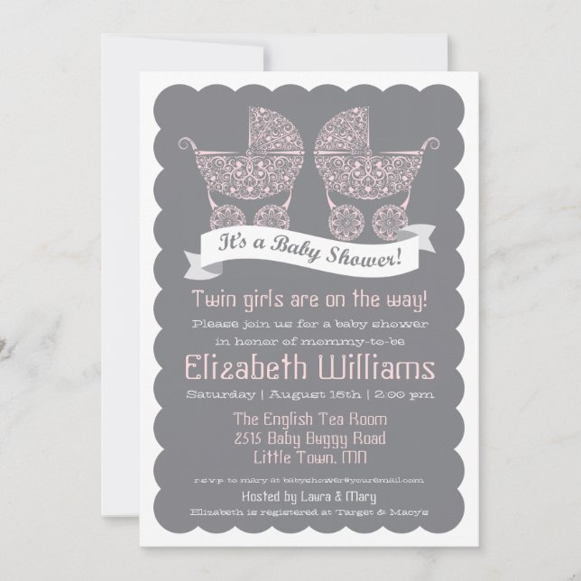 Invitación moderna para baby shower de gemelas (Anverso)
