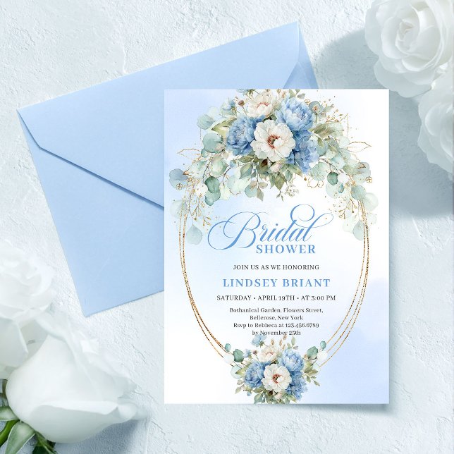 Invitación moderna para baby shower de peonías azu (Modern Blue Peonies Greenery Bridal Shower Invite

)