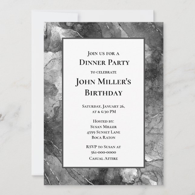 Invitación moderna para cena de cumpleaños en márm (Anverso)