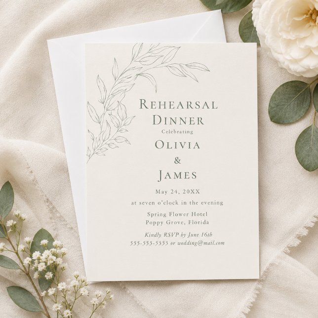 Invitación moderna para cena de ensayo botánica en (Modern Sage Botanical Rehearsal Dinner Invitation on an elegant table with tiny flowers)
