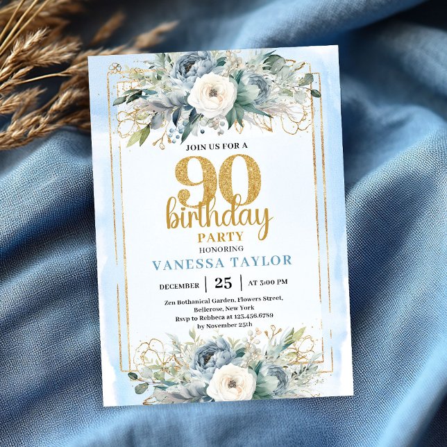 Invitación moderna para cumpleaños 90 con marco de (Dusty Blue Gold Frame Modern 90th Birthday Invite)