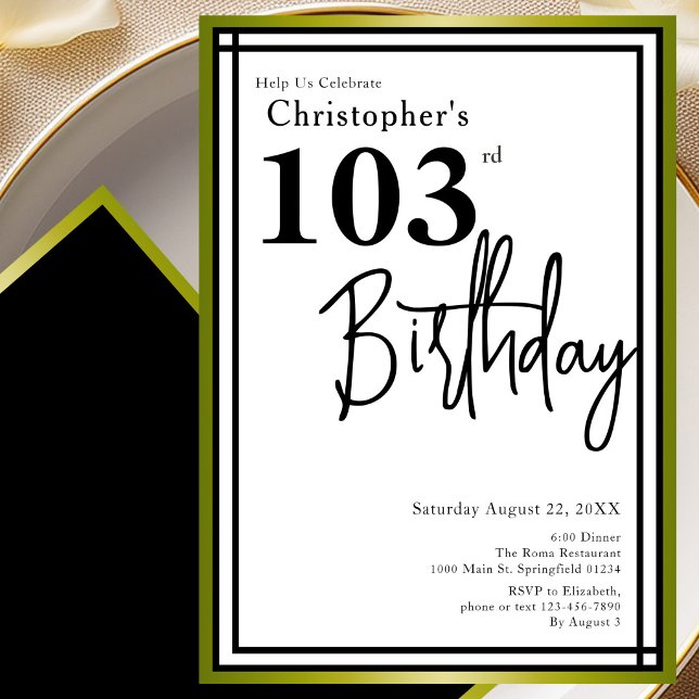 Invitación moderna para el 103 cumpleaños en negro (Subido por el creador)