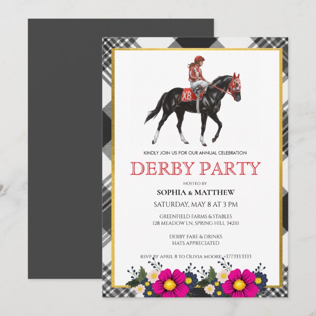 Invitación moderna para fiesta de Derby de carrera (Anverso / Reverso)