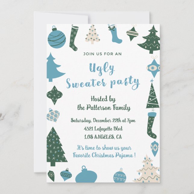 Invitación moderna para fiesta de suéter feo (Anverso)