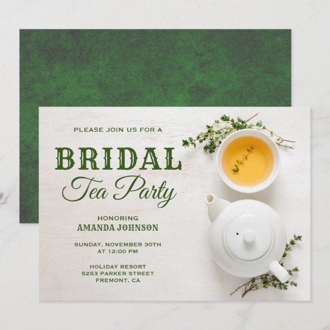Invitación moderna para fiesta de té verde en desp (Anverso / Reverso)