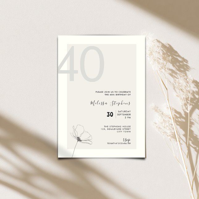 Invitación moderna para los 40 años - Estilo minim (Elegant 40th birthday invitation for woman with hand drawn flower.)