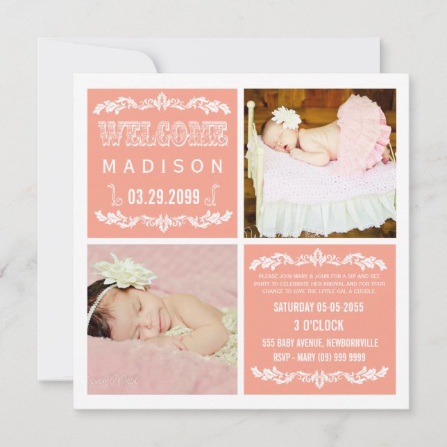 Invitación Moderna Peach Baby Sip & See Fiesta Photo Cards (Anverso)
