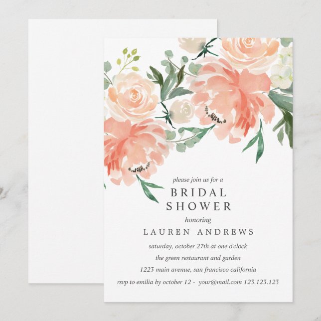 Invitación Moderna Peach Coral Rosa Bouquet Bridal Shower Inv (Anverso / Reverso)