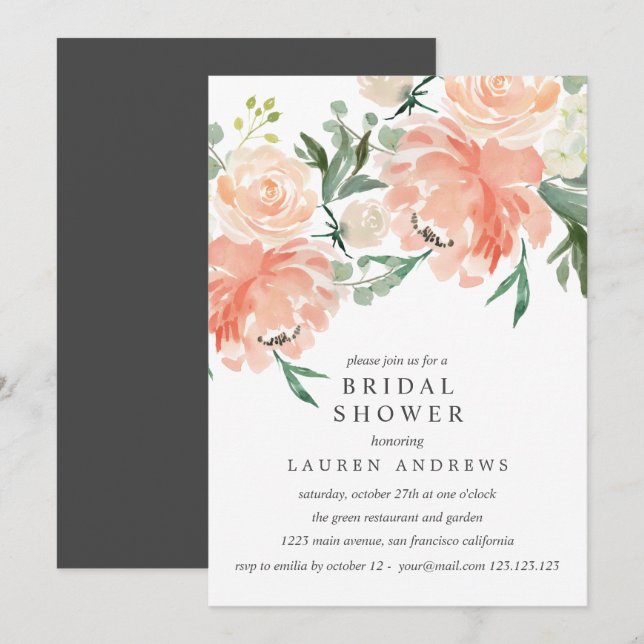 Invitación Moderna Peach Coral Rosa Bouquet Bridal Shower Inv (Anverso / Reverso)