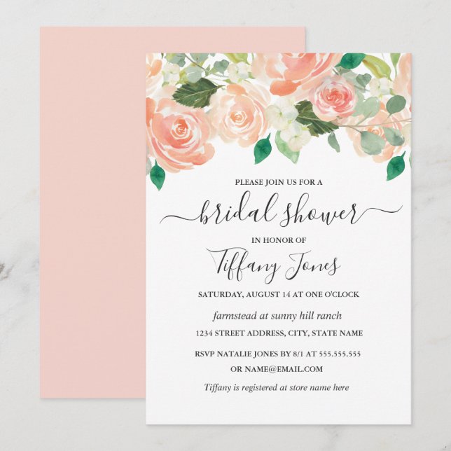 Invitación Moderna Peach Watercolor Floral Bridal Shower (Anverso / Reverso)