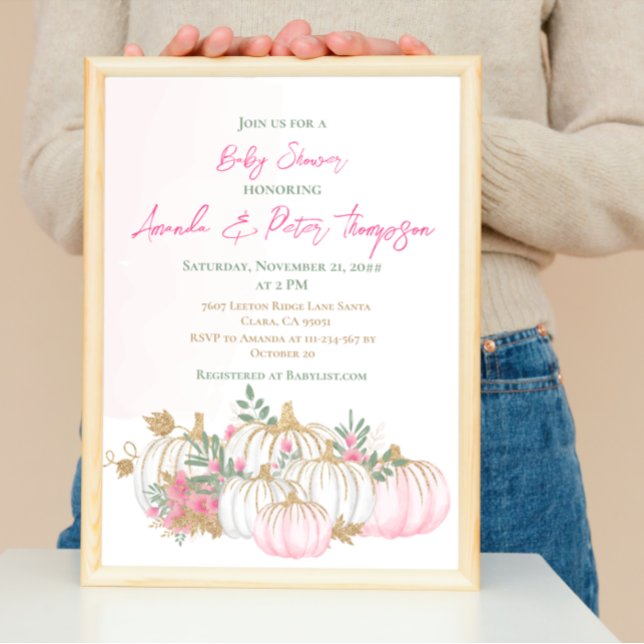 Invitación Moderna Pequeña Calabaza Baby Shower de verde rosa (Subido por el creador)