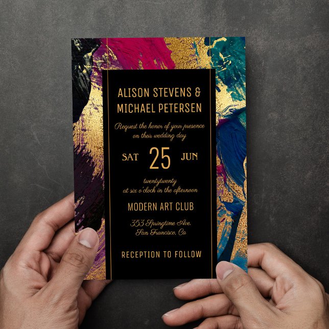 Invitación Moderna pintura abstracta de oro boda rojo negro (Subido por el creador)