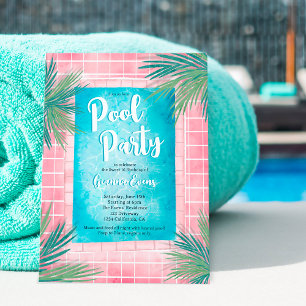Invitación Moderna piscina rosa tropical de palma azul fiesta