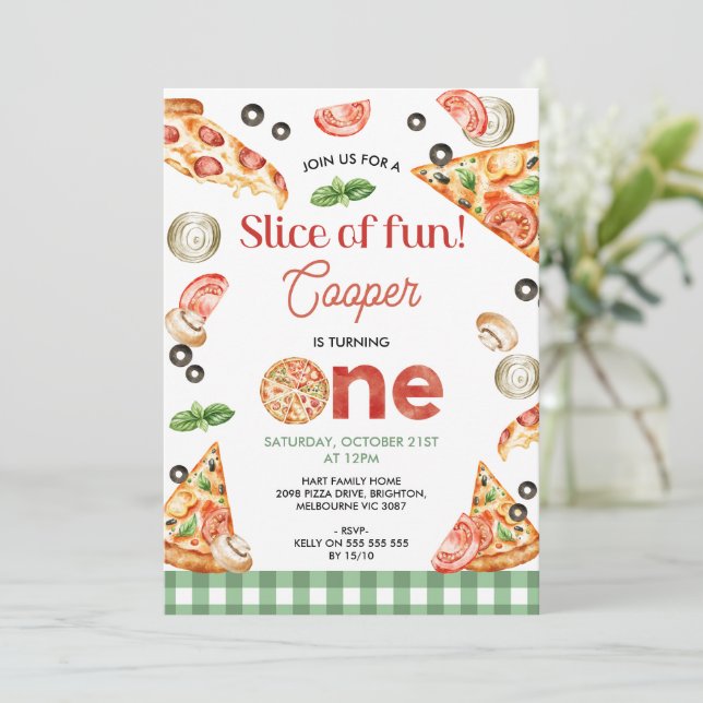 Invitación Moderna Pizza De Plata Verde De Divertido Primer C (Anverso de pie)