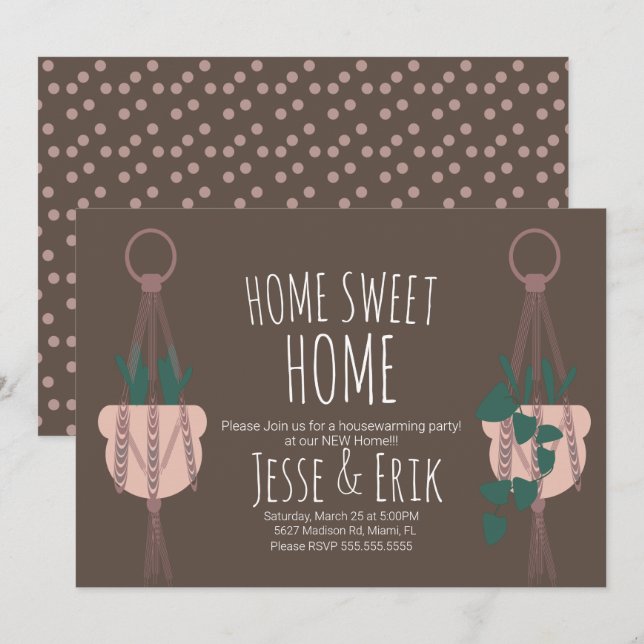 Invitación Moderna planta de macrame colgante casa de plantad (Anverso / Reverso)