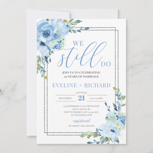 Invitación Moderna plata floral azul manuscrita que todavía h (Anverso)