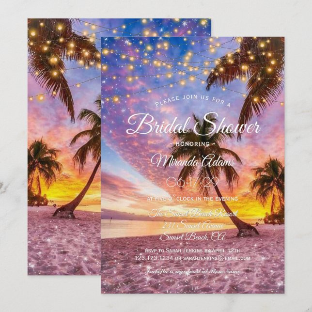 Invitación Moderna playa de atardecer y estrellas Ducha Nodal (Anverso / Reverso)