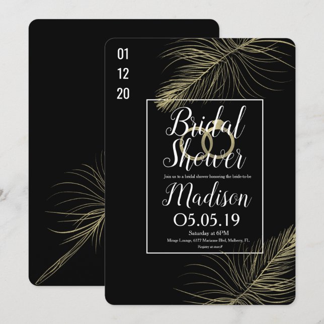 Invitación Moderna pluma de Relieve metalizado dorado ducha d (Anverso / Reverso)