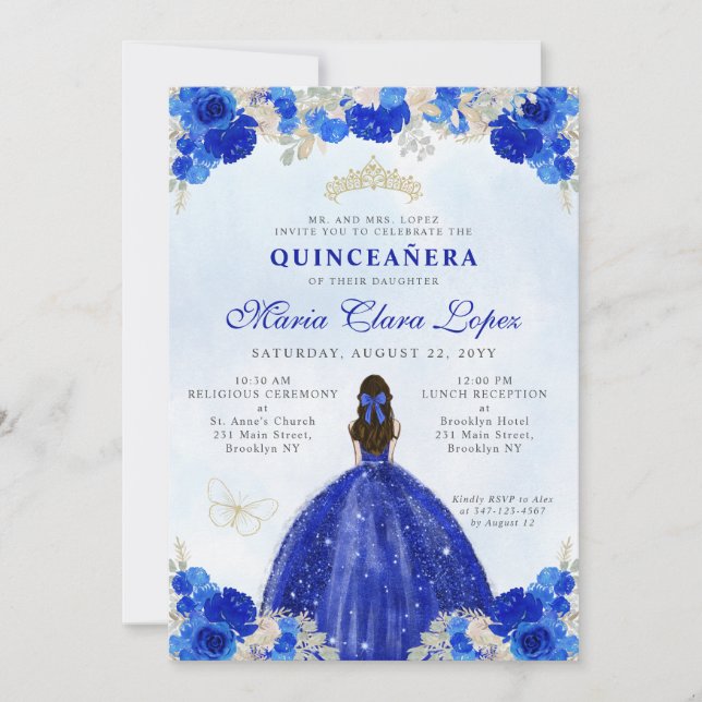 Invitación Moderna Princesa Floral de oro azul real Quinceañe (Anverso)