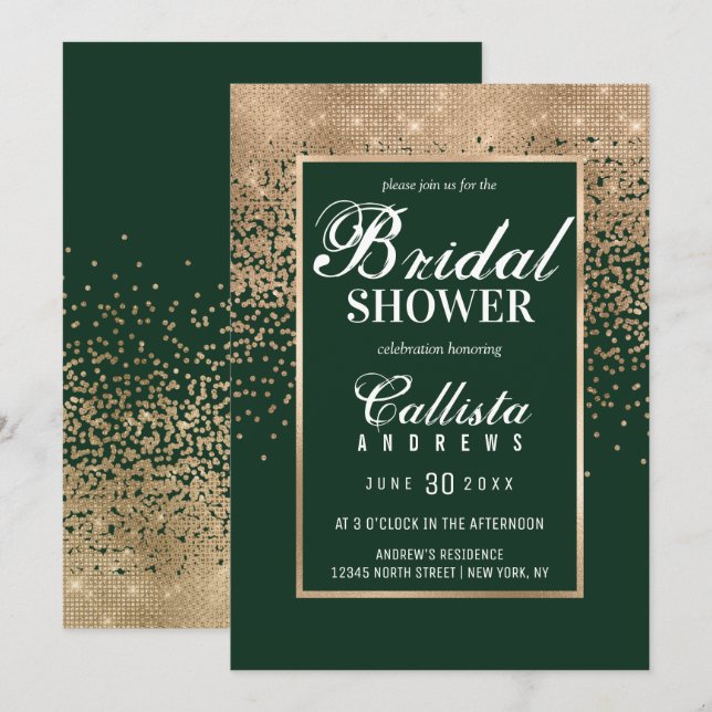 Invitación Moderna Purpurina de oro verde Confetti Bridal Sho (Anverso / Reverso)