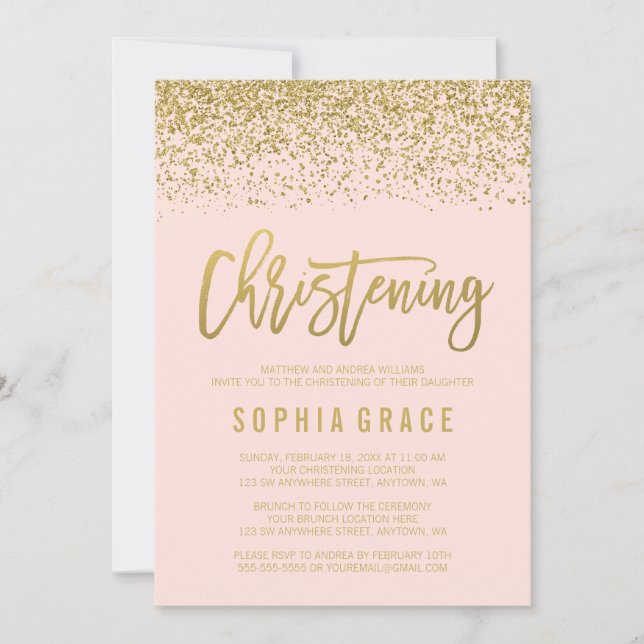 Invitación Moderna Purpurina de Rubor Rosa Gold Faux Christen (Anverso)