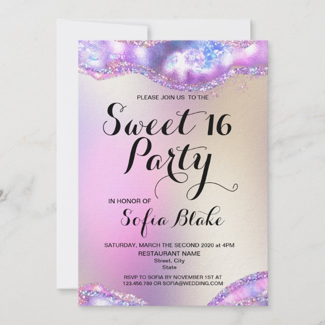 Invitación Moderna Purpurina elegante de 16 años Opal (Anverso)