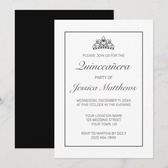 Invitación Moderna Quinceañera Negra Blanca Minimalista (Anverso / Reverso)