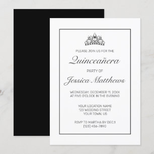 Invitación Moderna Quinceañera Negra Blanca Minimalista