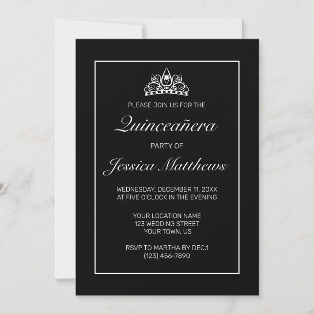 Invitación Moderna Quinceañera Negra Blanca Minimalista (Anverso)