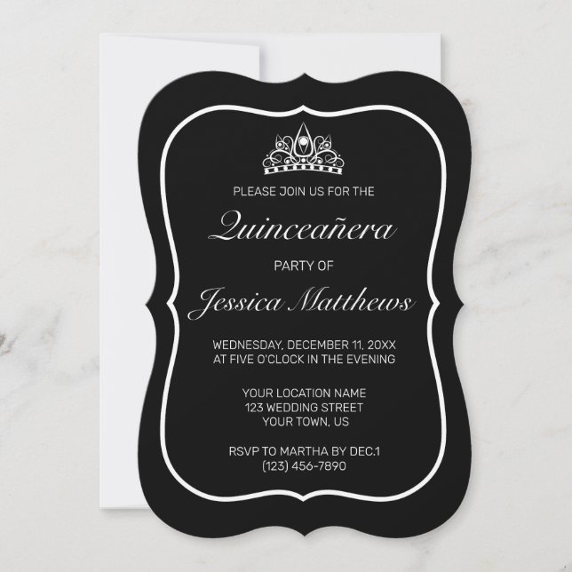 Invitación Moderna Quinceañera Negra Blanca Minimalista (Anverso)