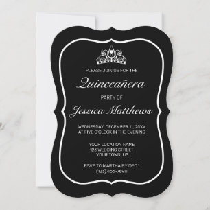 Invitación Moderna Quinceañera Negra Blanca Minimalista