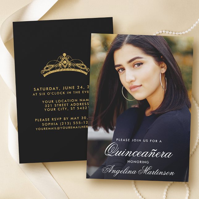 Invitación Moderna Quinceanera Photo Gold y Black (Customize to change text style or text size.)