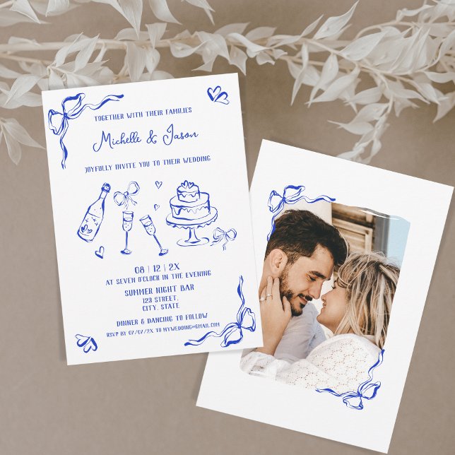 Invitación Moderna Retro Whimsical Blue Hand Drake Bow Photo (blue ink hand drawn doodles wedding cake, champagne, bows, hearts...)