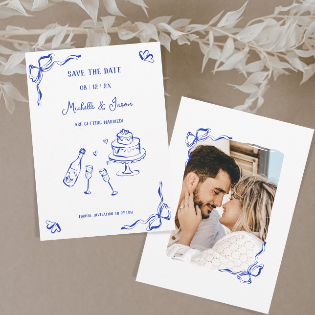 Invitación Moderna Retro Whimsical Blue Hand Drake Bow Photo (Subido por el creador)